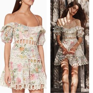 ZIMMERMANN Heathers Floral Off the Shoulder Eyelet Lace Mini Dress Size 8